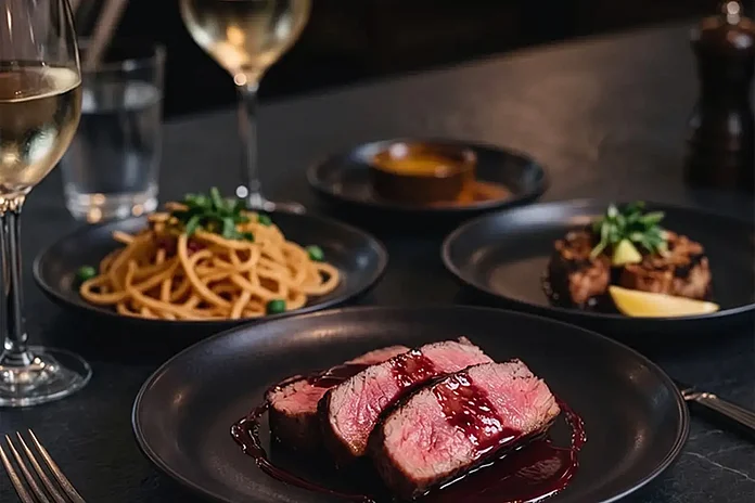 Tafelzeit Teller mit Pasta und Fleisch